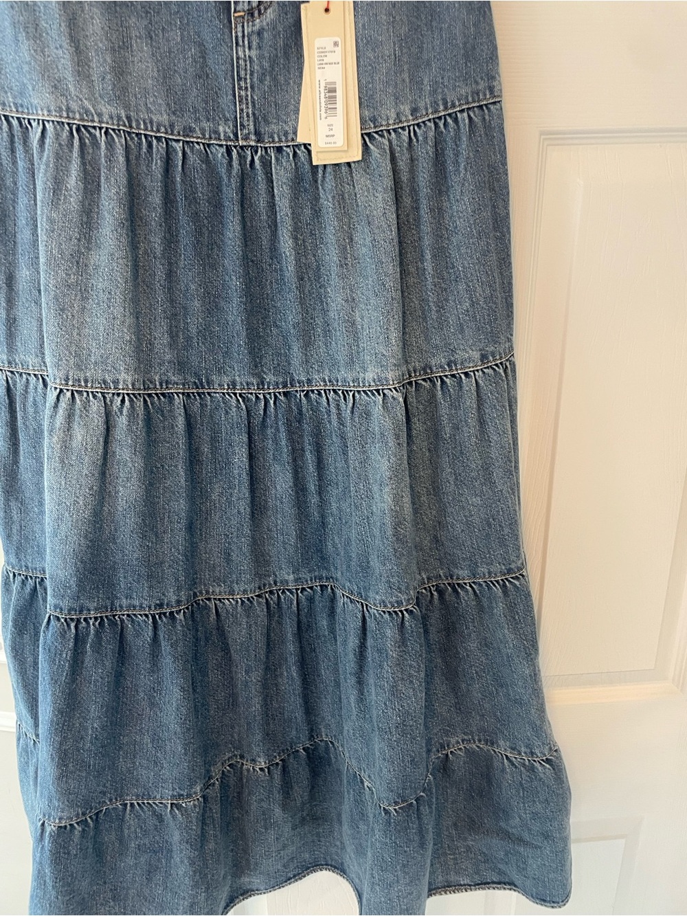 Alice + Olivia Washed Blue Tiered Denim Maxi Skirt - Picture 4 of 7